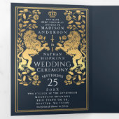 Blue Royal Medieval Lion Wedding Tri-Fold Dreifach Gefaltete Einladung (Innen Erste Seite)