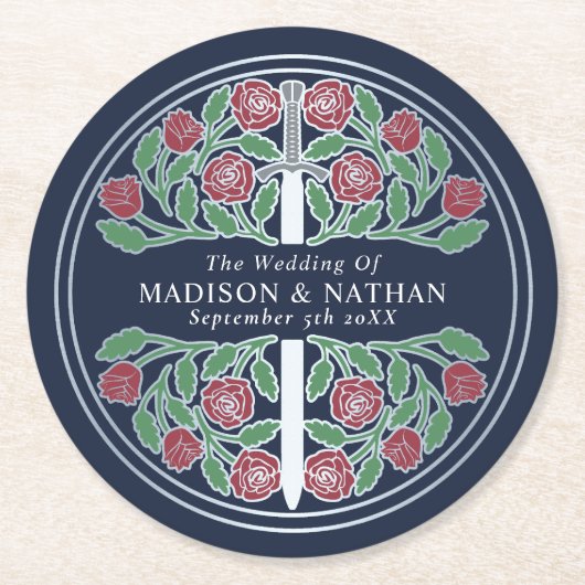 Blue Royal Medieval Silver Sword Wedding Runder Pappuntersetzer (Vorderseite)