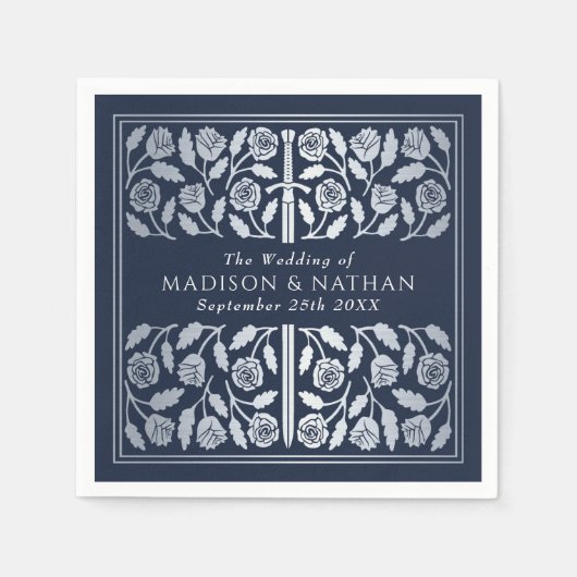 Blue Royal Medieval Silver Sword Wedding Serviette (Vorderseite)