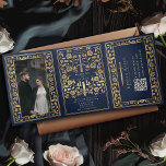 Blue Royal Medieval Sword Hochzeit QR Code Dreifach Gefaltete Einladung<br><div class="desc">Mit dieser mittelalterlichen Fantasie dreifacher Einladung verkünden Sie Ihre Hochzeit im Stil! Dieses einladende Hotel besticht durch ein majestätisches Goldschwert und Blumen, mit einem besonderen Foto des Ehepaares vor blauem Hintergrund - die perfekte Mischung aus Romantik und Abenteuer. HINWEIS: Dieses Design enthält KEINE reale Folie. Das Platzhalterbild wurde von Unsplash...</div>