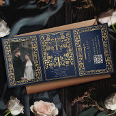 Blue Royal Medieval Sword Hochzeit QR Code Dreifach Gefaltete Einladung