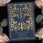 Blue Royal Mittelalterliches Goldschwert Hochzeit  Einladung<br><div class="desc">Set den Ton für deine mittelalterliche Fantasy-Hochzeit mit einem kühnen Einladungs-Design - ein großes Goldschwert umgeben von Blumen vor blauem Hintergrund. Ideal für Paare,  die von einer epischen,  romantischen Feier träumen. Machen Sie Ihre Liebe von Anfang an legendär! HINWEIS: Das Gold in diesem Design ist KEINE echte Folie.</div>