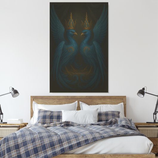 Blue Royal Phoenix Duo · Luxury Canvas Print Leinwanddruck (Insitu (Schlafzimmer))