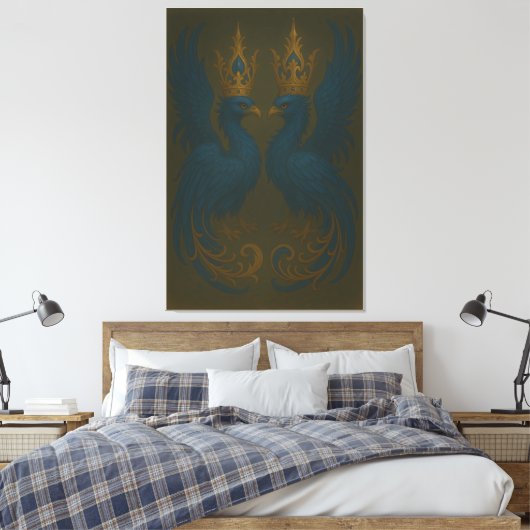 Blue Royal Phoenix Duo · Luxury Canvas Print Leinwanddruck (Insitu (Schlafzimmer))