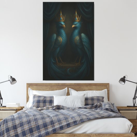 Blue Royal Phoenix Duo · Luxury Canvas Print Leinwanddruck (Insitu (Schlafzimmer))