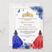 Blue Royal & Red Butterfly Twin Quinceanera Einladung (Vorderseite)