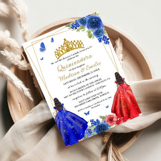 Blue Royal & Red Butterfly Twin Quinceanera Einladung