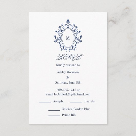 BLUE RSVP card Monogram With 2 Entree Choice Begleitkarte (Vorderseite)