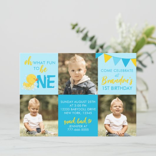 Blue Rubber Duck 3 Foto Geburtstag Einladung (Stehend Vorderseite)