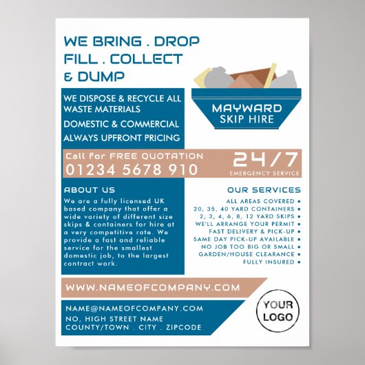 Blue Rubbish Skip Design, Skip/Dumpster Company Poster (Vorne)