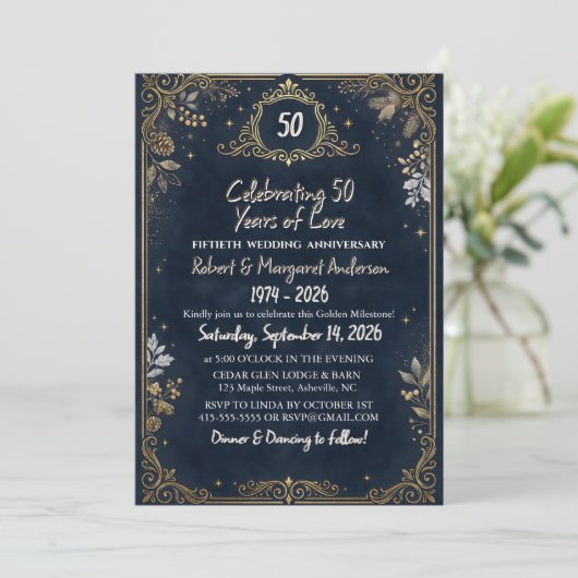 Blue Ruby Script Simple 50th Wedding Anniversary Einladung (Stehend Vorderseite)