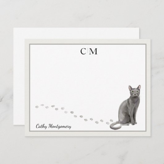 Blue Russian Cat Grey Border Monogram und Name Mitteilungskarte (Vorne/Hinten)