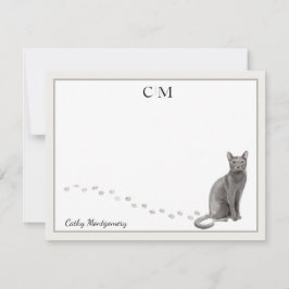 Blue Russian Cat Grey Border Monogram und Name Mitteilungskarte