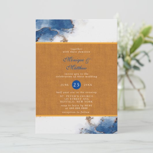 Blue Rust Copper Watercolor Agate Hochzeitsfeier Einladung (Stehend Vorderseite)