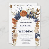 Blue Rust Floral Boho Hochzeitseinladung Einladung (Vorne/Hinten)