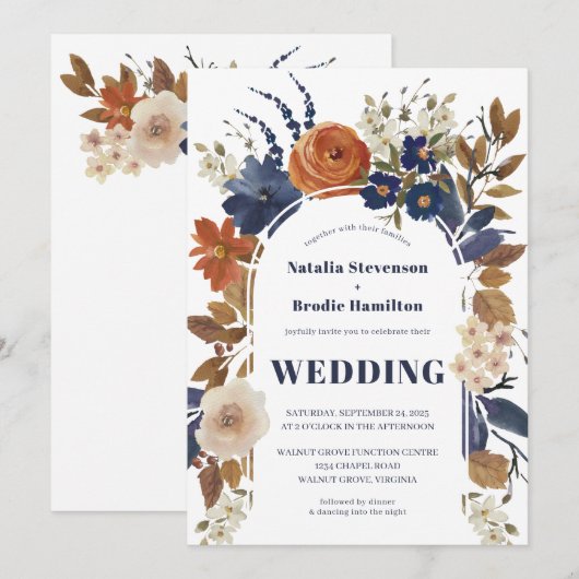 Blue Rust Floral Boho Hochzeitseinladung Einladung (Vorne/Hinten)