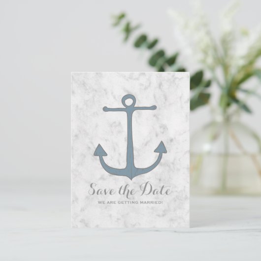 Blue Rustic Anchor Save the Date Postcard Ankündigungspostkarte (Stehend Vorderseite)