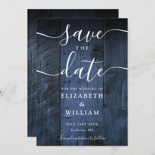 Blue Rustic Barn Wood Boho Chic Wedding Save The Date (Vorne/Hinten)