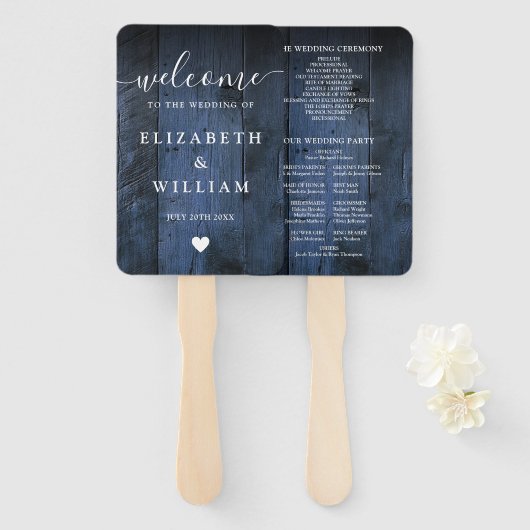 Blue Rustic Barn Wood Boho Hochzeitsprogramm Fächer (Vorne und Hinten)