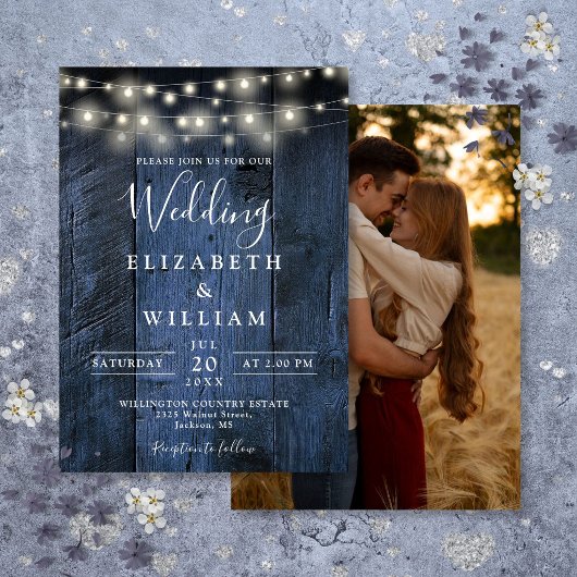 Blue Rustic Barn Wood String Lights Foto Hochzeit Einladung