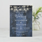 Blue Rustic Barn Wood String Lights Foto Hochzeit Einladung (Stehend Vorderseite)