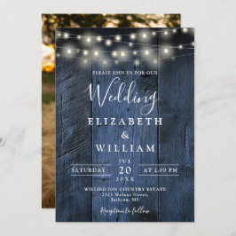 Blue Rustic Barn Wood String Lights Foto Hochzeit Einladung