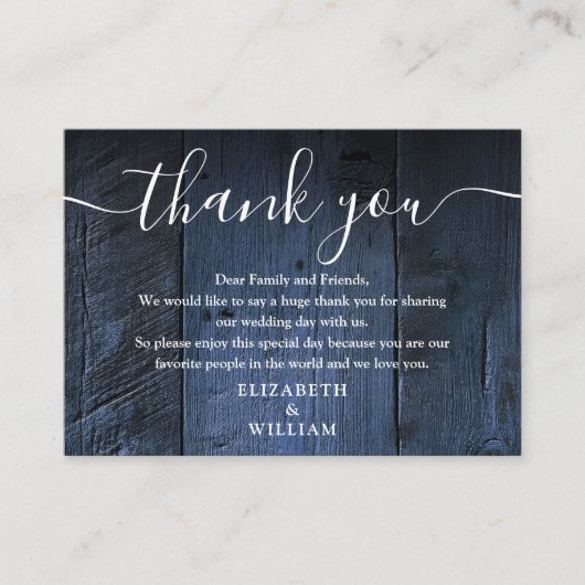 Blue Rustic Barn Wood Wedding Vielen Dank Platzkarte (Vorderseite)