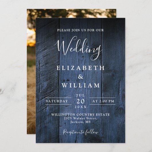 Blue Rustic Boho Barn Wood Foto Wedding Einladung (Vorne/Hinten)