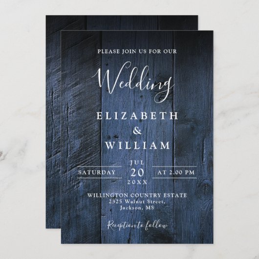 Blue Rustic Boho Barn Wood Wedding QR Code Einladung (Vorne/Hinten)