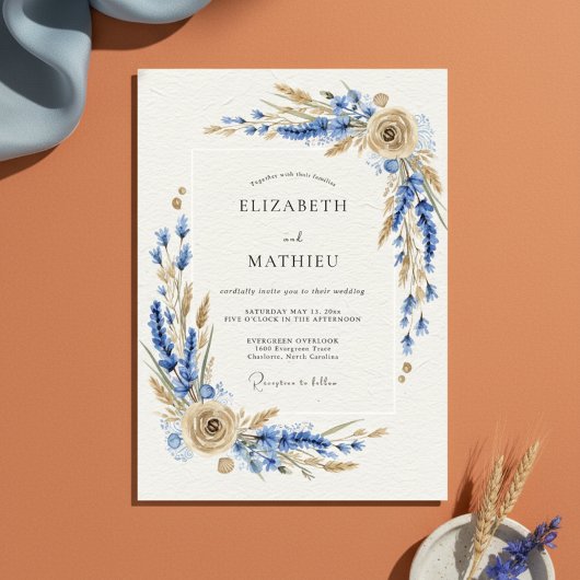 Blue Rustic Botanical Wedding Einladung