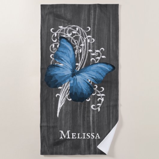 Blue Rustic Butterfly Personalisiert Beach Handtuc Strandtuch (Vorderseite)