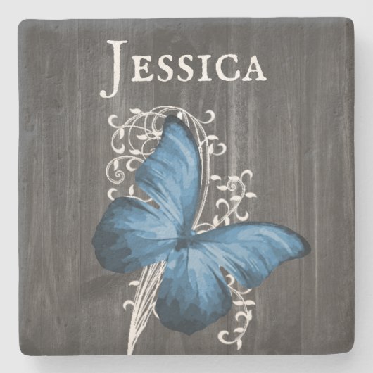 Blue Rustic Butterfly Personalisiert Stone Unterse Steinuntersetzer (Vorderseite)