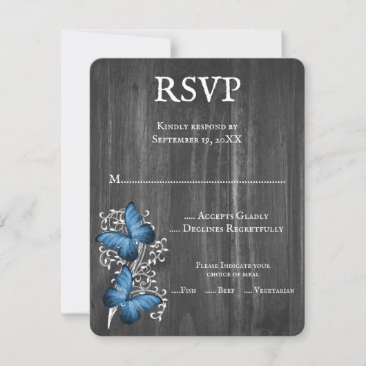 Blue Rustic Butterfly Wedding RSVP Card (Vorderseite)
