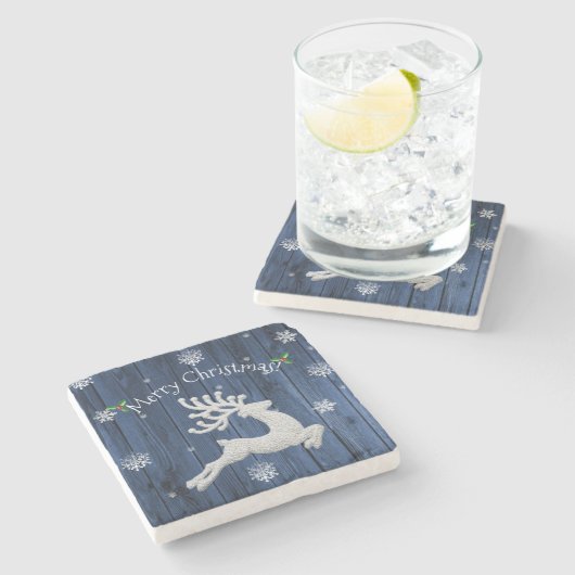 Blue Rustic Christmas Reindeer Stone Untersetzer (Seitenansicht)