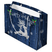 Blue Rustic Christmas Rentier Geschenktasche Große Geschenktüte (Rückseite Schrägansicht)