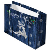 Blue Rustic Christmas Rentier Geschenktasche Große Geschenktüte (Vorderseite Schrägansicht)