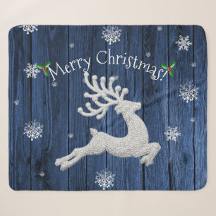 Blue Rustic Christmas Rentier Sherpa Blanket Sherpadecke