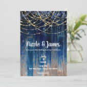 Blue Rustic Coastal Barn Wood Bokeh Light Wedding Einladung (Stehend Vorderseite)