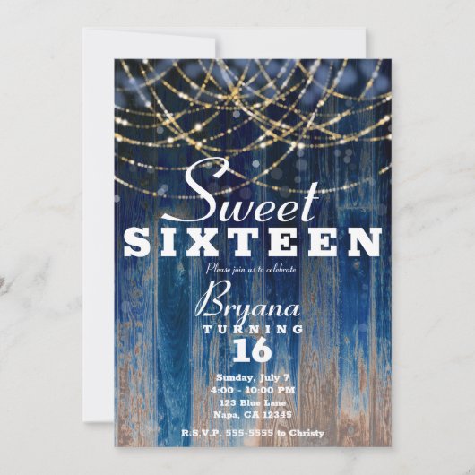 Blue Rustic Coastal Barn Wood Bokeh Sweet 16 Einladung (Vorderseite)