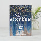 Blue Rustic Coastal Barn Wood Bokeh Sweet 16 Einladung (Stehend Vorderseite)