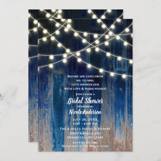 Blue Rustic Coastal Barn Wood Lights Brautparty Einladung (Vorne/Hinten)