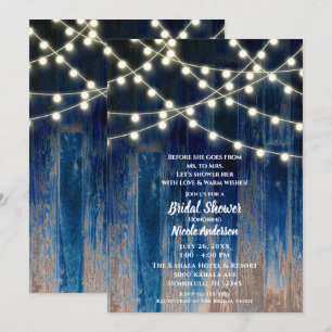 Blue Rustic Coastal Barn Wood Lights Brautparty Einladung