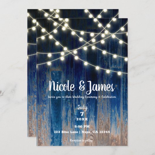 Blue Rustic Coastal Barn Wood & Lights Wedding Einladung (Vorne/Hinten)