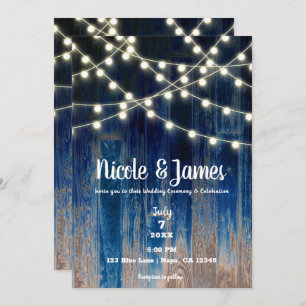 Blue Rustic Coastal Barn Wood & Lights Wedding Einladung