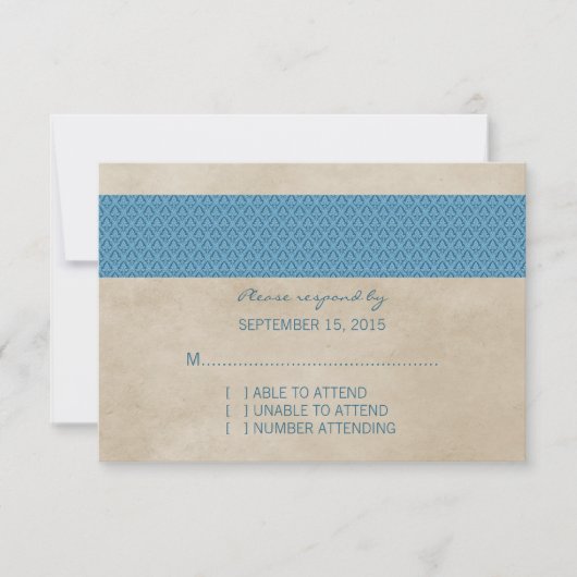 Blue Rustic Damask RSVP Card Karte (Vorderseite)