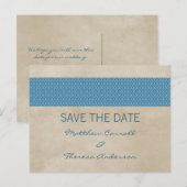 Blue Rustic Damask Save the Date Postkarte (Vorne/Hinten)