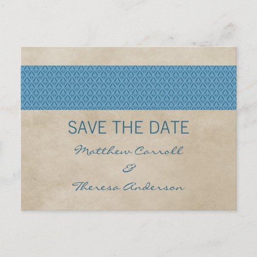 Blue Rustic Damask Save the Date Postkarte (Vorderseite)