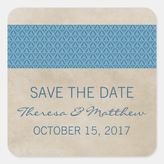 Blue Rustic Damask Save the Date Stickers (Vorderseite)