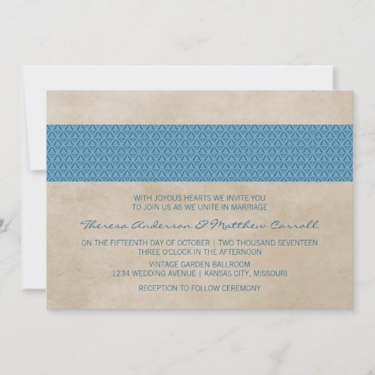 Blue Rustic Damask Wedite Einladung (Vorderseite)