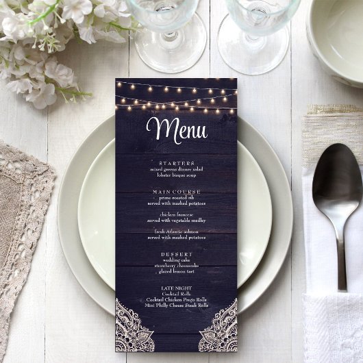 Blue Rustic Elegance Menu Card Mitternacht Menükarte